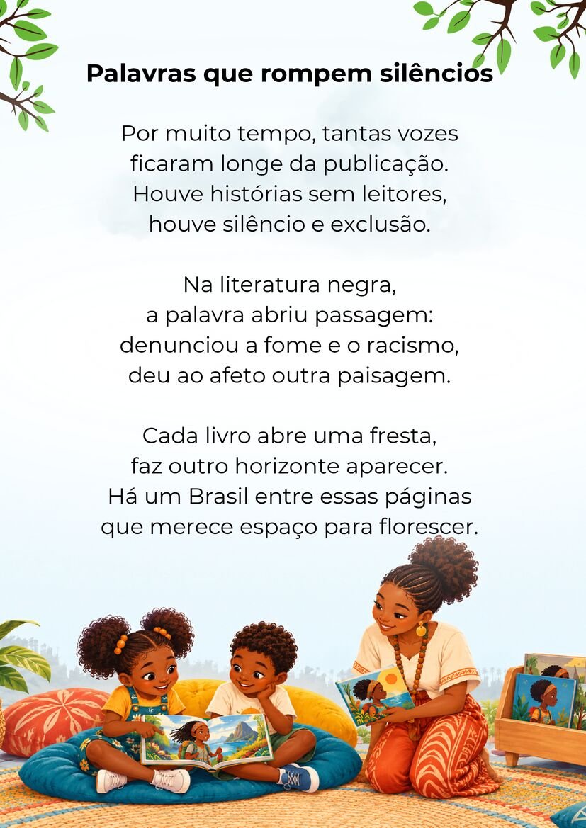 Poema Palavras que rompem silêncios, com uma mulher e duas crianças negras compartilhando livros ilustrados.